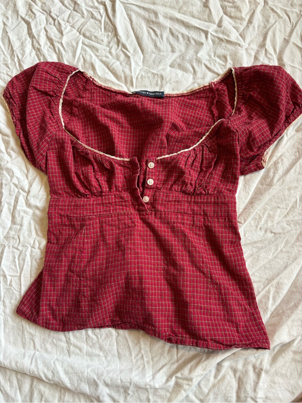 Brandy Melville Red Plaid Button-Front Peasant Top